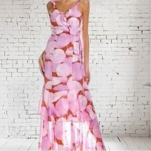 Hutch Pink Orange Leaf Print Ruffle Tiered Maxi Dress XS Lavender Tropical Wrap